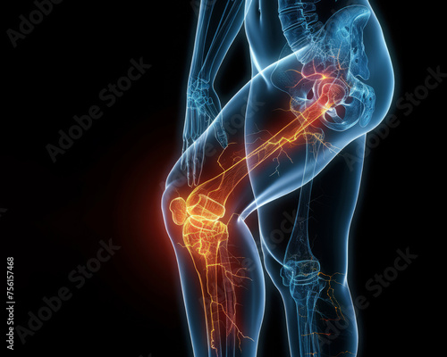 joint pain. blue transparent outline of a person's legs, red inflamed knee and hip joints. human anatomy.