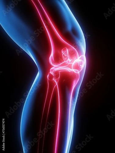 knee pain. blue transparent contour of the leg and red inflamed joint on a black background., human anatomy.