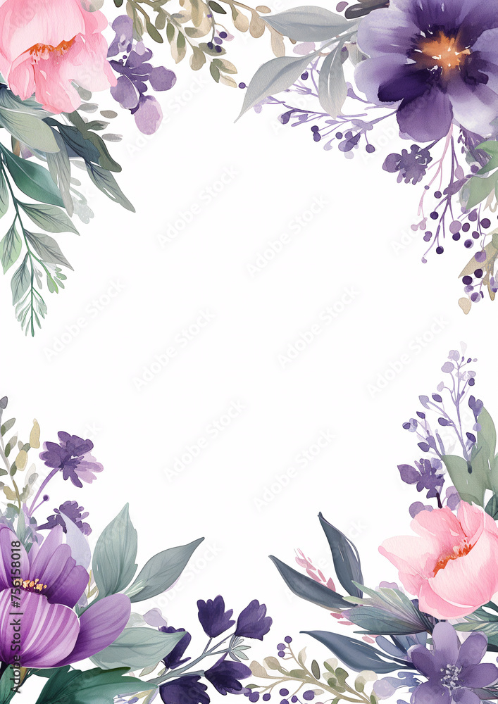 watercolor botanical flowers frame background with free space for invite or wedding card template