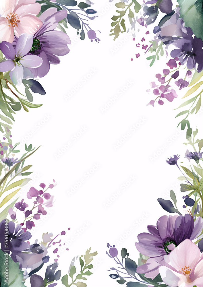 watercolor botanical flowers frame background with free space for invite or wedding card template