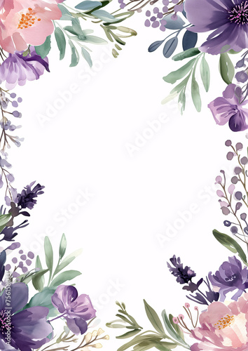 watercolor botanical flowers frame background with free space for invite or wedding card template