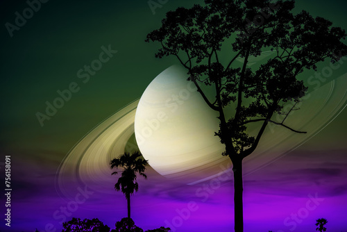 Saturn and silhouette tree and sunset dark purple sky