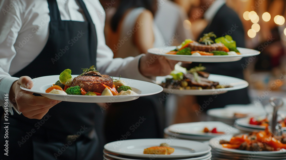 Waiter carrying plates with meat dish on some festive event Waiter carrying plates with meat dish on some festive event