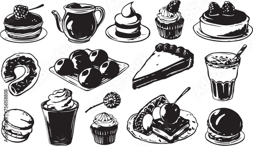 Black silhouettes Vector sketchy set sweet food on white background