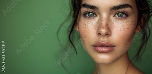 Closeup of natural beauty freckled woman isolated on green background. Fashion, beauty, cosmetics concept. Portrait commercial shot for wallpaper, banner, poster with copy space