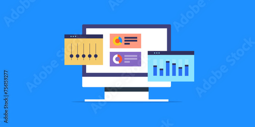 Data analytics business financial report on computer dashboard screen, intelligent software displays analytical information organise data graph conceptual vector illustration.