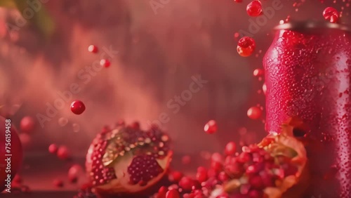 A can of pomegranate-flavored sparkling water surrounded by sliced pomegranate, Generative AI photo