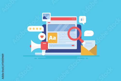 Content research, creation and marketing on internet platforms attract and engage online audience, conceptual vector illustration.