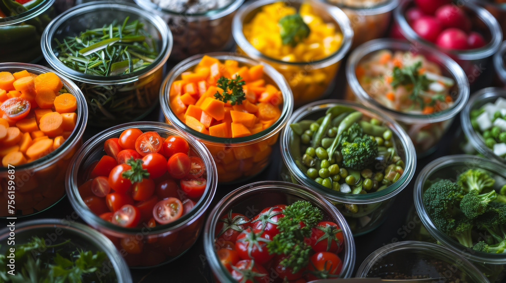 Overhead view of various colorful fresh vegetables neatly arranged in glass bowls, ready for healthy meal preparation. Overhead view of various colorful fresh vegetables neatly arranged in glass bowls, ready for healthy meal preparation.