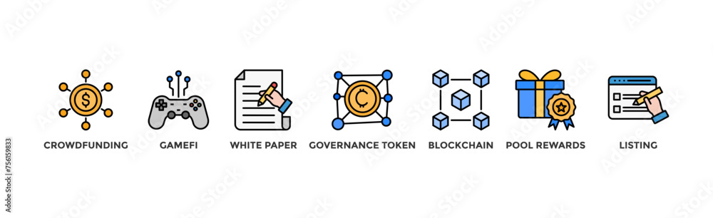 IGO banner web icon illustration concept of initial game offering with icon of crowdfunding, gamefi, white paper, governance token, blockchain, pool rewards and listing