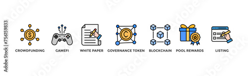 IGO banner web icon illustration concept of initial game offering with icon of crowdfunding, gamefi, white paper, governance token, blockchain, pool rewards and listing