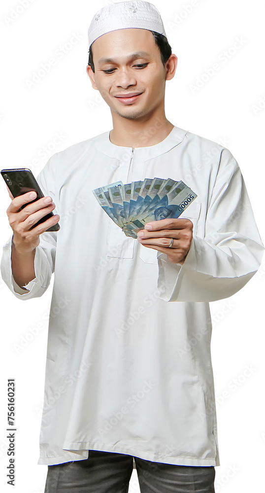 happy muslim man holding money rupiah banknotes and mobile phone. People religious Islam lifestyle concept. celebration Ramadan and ied Mubarak. on isolated background. happy muslim man holding money rupiah banknotes and mobile phone. People religious Islam lifestyle concept. celebration Ramadan and ied Mubarak. on isolated background.