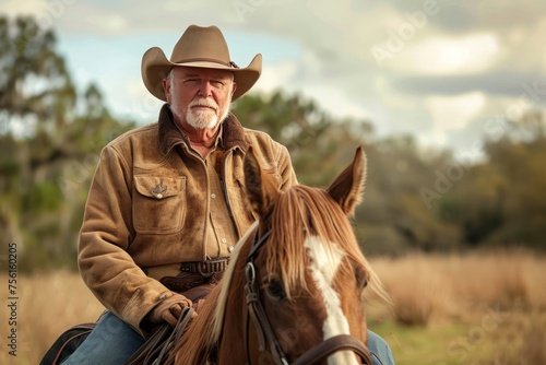 senior old man cowboy sheriff riding horse