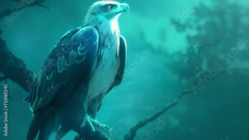 A wise and powerful eagle perched on a holographic tree branch and gazing into the distance with piercing eyes. photo