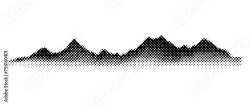 Black grunge halftone mountain range. Textured landscape terrain silhouette. Fading grainy hills chain wallpaper. Grungy dotted mountain peaks background. Vector vanishing rock view illustration