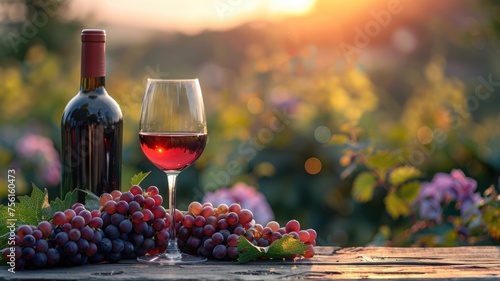 Bottle of red wine and glass with ripe grapes on wooden table in vineyard