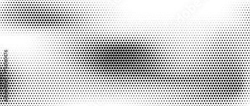 Hexagon halftone gradient texture. Abstract black and white spotted grunge background. Geometric retro tech wallpaper. Fading wavy hexagonal pattern backdrop. Vector vanishing honeycomb grunge overlay