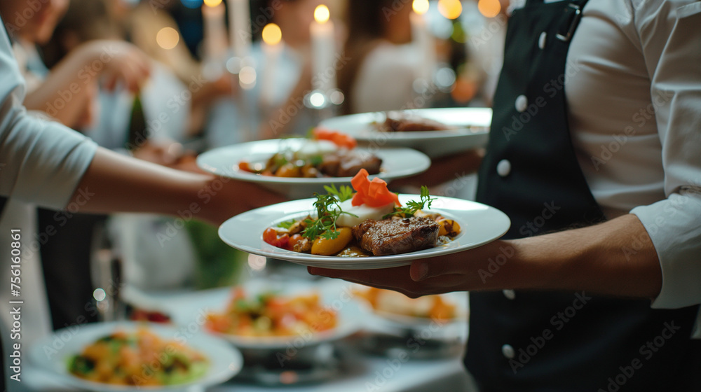Waiter carrying plates with meat dish on some festive event Waiter carrying plates with meat dish on some festive event