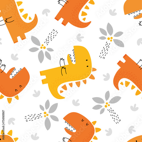 Seamless children's doodle pattern with dinosaurs.Digital paper