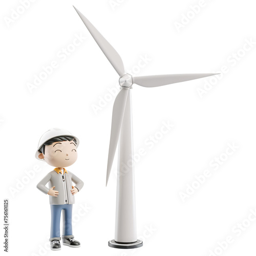 3D cartoon character of engineer man standing with a wind turbine