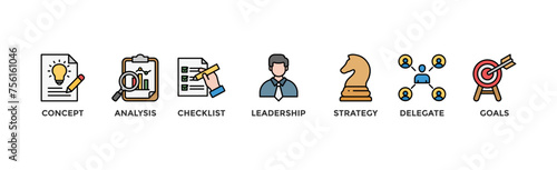 Planning banner web icon illustration concept with icon of concept, analysis, checklist, leadership, strategy, delegate and goals	
