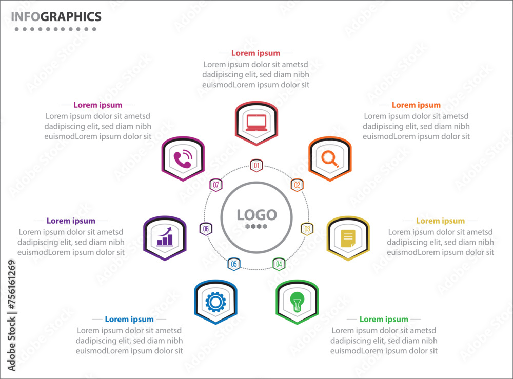 Circle infographic template with 7 options for presentations. Vector infographic design template. diagram, number options. Data visualization. Business concept with 7 steps, seven process. Circle infographic template with 7 options for presentations. Vector infographic design template. diagram, number options. Data visualization. Business concept with 7 steps, seven process.
