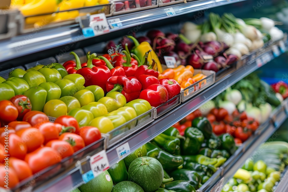 closeup supermarket vegetables shelf