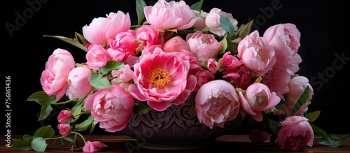 Pink peony roses arrangement in a vase.