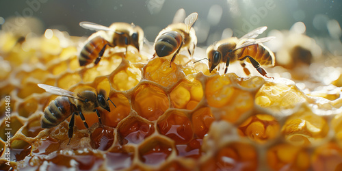 Macro shot of honeycomb with bees actively engaged in honey-making.