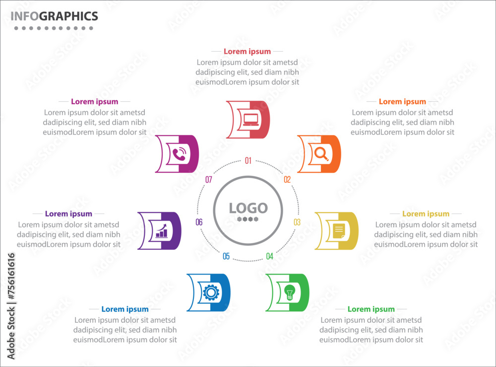 Circle infographic template with 7 options for presentations. Vector infographic design template. diagram, number options. Data visualization. Business concept with 7 steps, seven process.