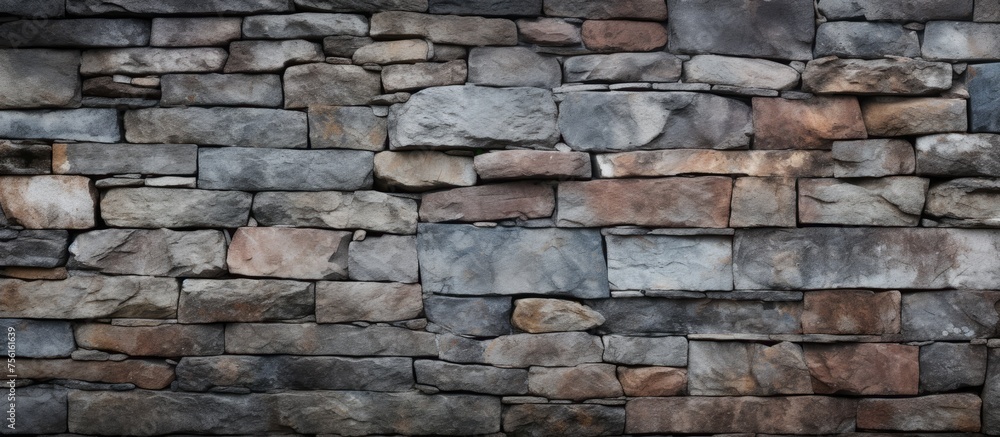 A detailed closeup of a stone wall showcasing the intricacy of the brickwork. The rectangular bricks neatly stacked together create a strong and durable building material