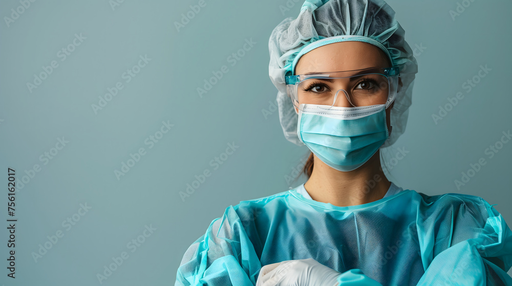 A happy and confidence female surgeon wearing blue scrub suits is posing on plain background. A Latino medical professional is wearing a protective glasses, mask and gloves. A happy and confidence female surgeon wearing blue scrub suits is posing on plain background. A Latino medical professional is wearing a protective glasses, mask and gloves.