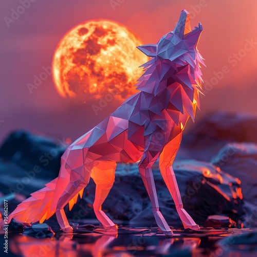 Futuristic neon origami wolf howling