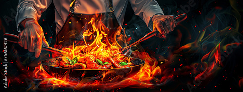  Chef in uniform preparing food in a frying big pan. Panorama for restaurant