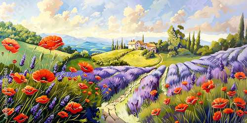 Idyllic landscape with  flowers, Oil paintig banner, panorama