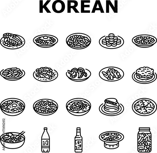 korean cuisine food asian icons set vector. korea menu, noodle top meal, bibimbap rice, topokki soup, chicken, healthy, dish korean cuisine food asian black contour illustrations