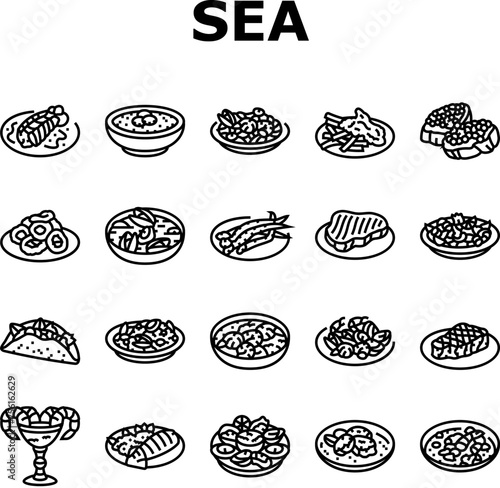 sea cuisine italian cook greece icons set vector. food seafood, chef sea, fish bbq, greek dish, salmon restaurant, frozen, culinary sea cuisine italian cook greece black contour illustrations