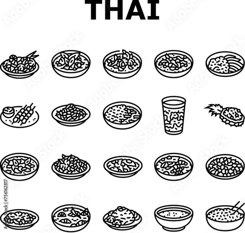 thai cuisine food asia icons set vector. curry table, various thailand, menu rice, plate delicious, som, meal, dish, cooking thai cuisine food asia black contour illustrations