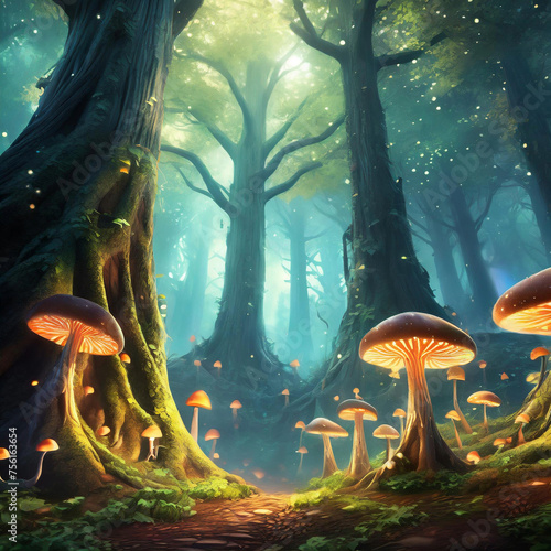 거대한 나무와 빛나는 버섯이 자욱한 신비로운 숲 photo