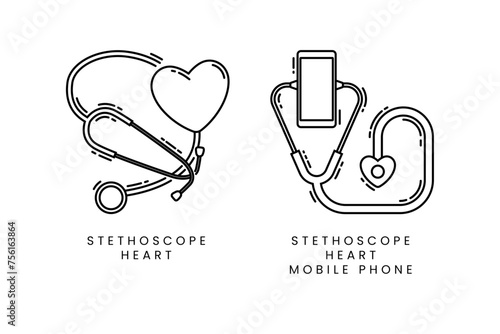collection of stethoscope icon design template combined with love or heart symbol and mobile phone. line style with black color