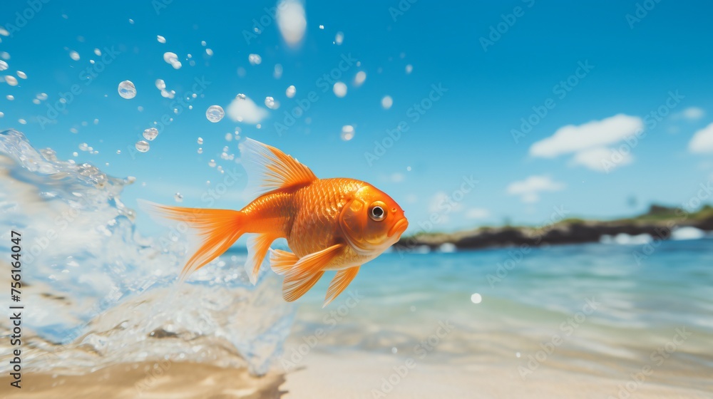Goldfish jumping in to tropical beach