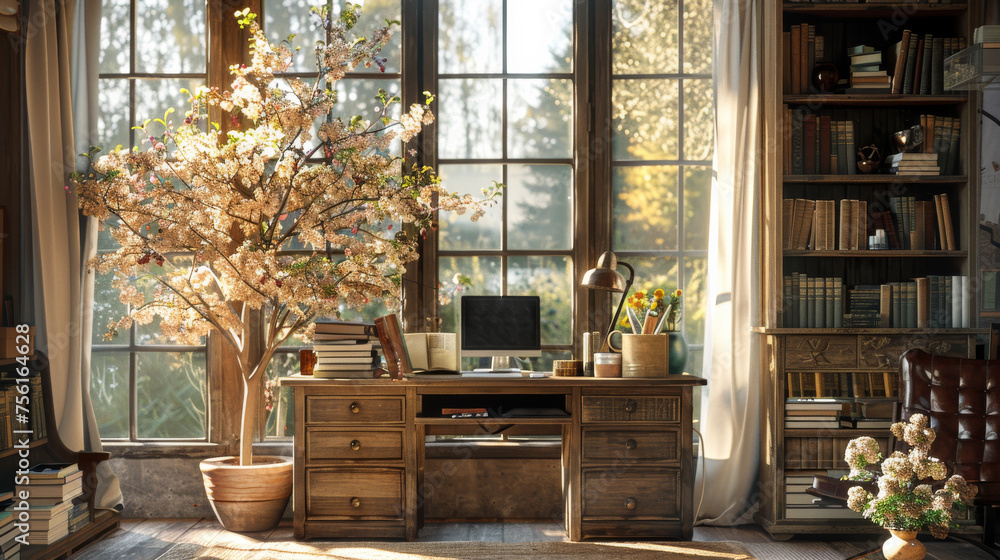A large tree is in the corner of a room with a desk and a computer A large tree is in the corner of a room with a desk and a computer