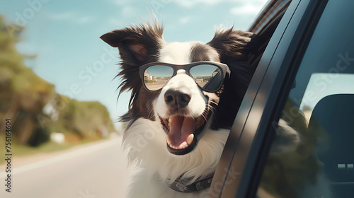A happy border collie wearing sunglasses is hanging out the window of an SUV, smiling and barking at people on the road 