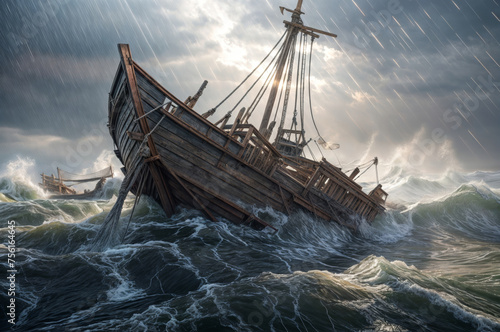 Pirate ship in stormy sea, illustration. © LAYHONG