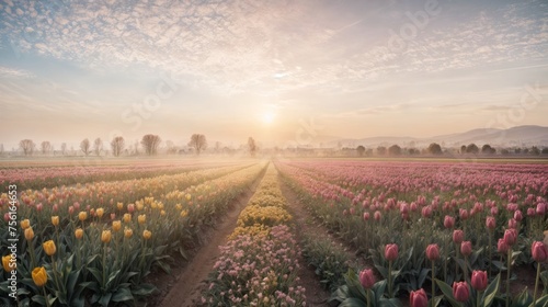 Tulip field in the morning light. Beautiful spring landscape.