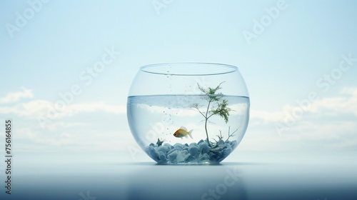 Minimalist purity in a hyper-realistic miniature collage, featuring cinematic lighting and negative space within a water-filled fishbowl.