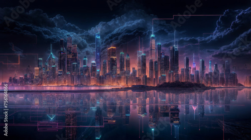 Futuristic cityscape with neon lights and skyscrapers.