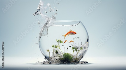 Minimalist purity in a hyper-realistic miniature collage  featuring cinematic lighting and negative space within a water-filled fishbowl.