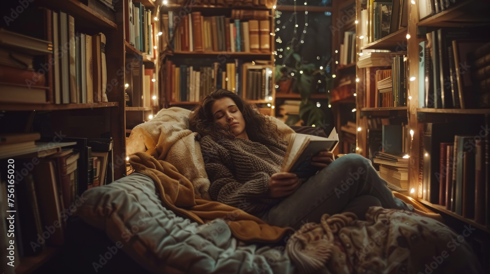 A woman is reading a book in a library A woman is reading a book in a library