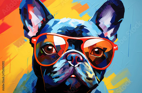 Cute French Bulldog wearing red glasses against a colorful background in the style of a vector illustration with a flat design and vibrant color palette 
